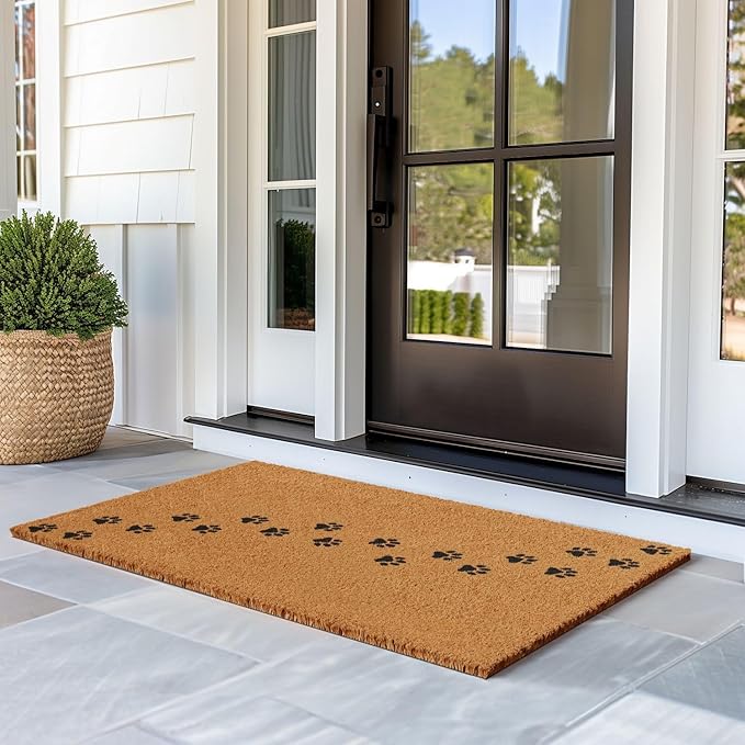 Barnyard Designs Natural Coco Coir Heavy Duty Backing Doormat - Large Cute Non-Slip Front Door Welcome Mat for Outside Entrance or Porch Entry, Brown (30x48, Paws)