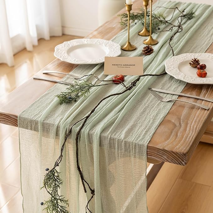 3pcs Cheesecloth Table Runner Sage Green Gauze 120 Inch 10 FT Rustic Boho Cheese Cloth Runner for Wedding Baby Shower Bridal Shower Party Long Sheer Centerpiece Home Decoration
