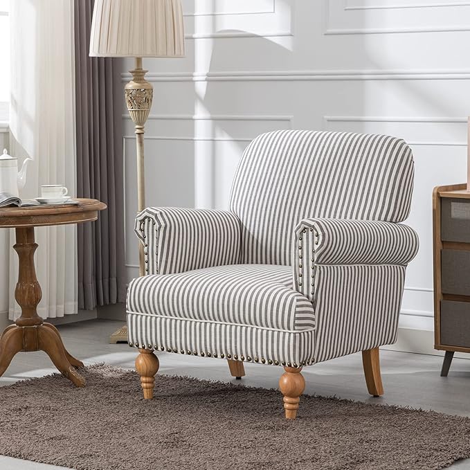 chairus Linen Accent Chair for Living Room Set of 2 Upholstered Mid Century Modern Single Sofa Chair with Solid Wood Legs Comfy Reading Armchair for Bedroom/Office Room/Recption/Lounge, Black Stripe