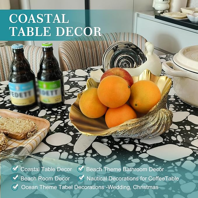 Large Clam Shells Decorative Bowl-Bronze/Golden Sea Shells Decorative Storage Bowls for Coastal Beach theme house table centerpiece decorations & Nautical decorations for coffee table -10.2"-1PC