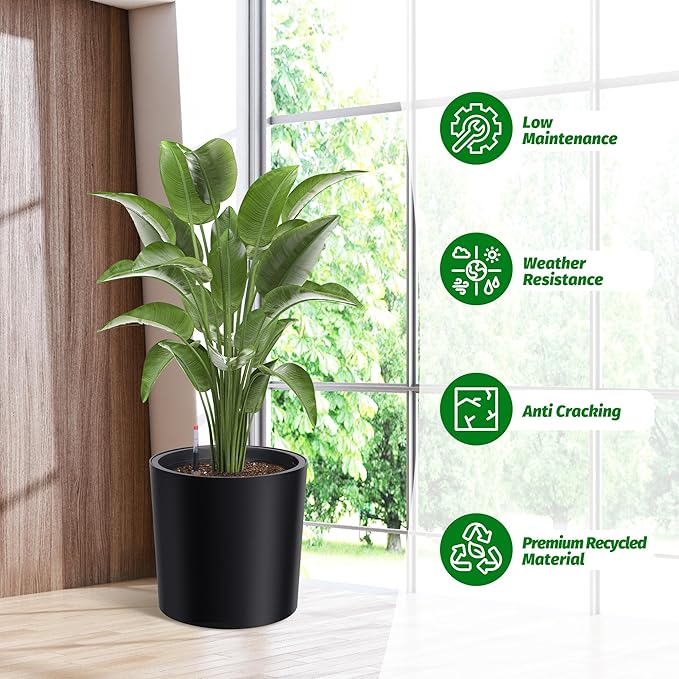 Tall Round Planter Set of 2, 19.5‘’ H x 19.9" Dia Large Planters for Indoor Plants with Built-in Drainage and a Water Level Monitor and Wheels for Patio, Porch, Living Room, or Home Office, Black