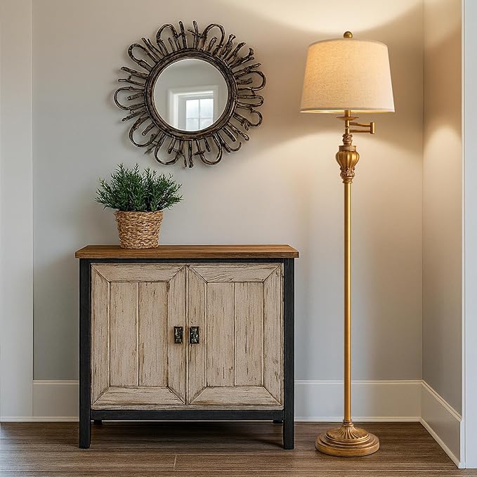 61" Vintage Floor Lamp with 350° Adjustable Swing Arm, Gold Standing Lamp for Bedroom Living Room Nightstand Bedside Retro Farmhouse Mid Century Lamp Light Home Décor Office Gifts