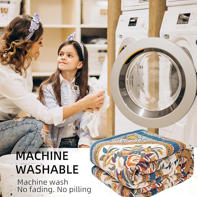 Boho Throw Blanket for Bed - 100% Pure Cotton Ultra Soft Rustic Quilt - Farmhouse Decor Bed Blankets, All Season Rustic Throw for Sofa Couch Chair(60"×80", Floral)