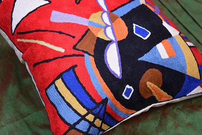 Kandinsky Contemporary Throw Pillow Cover - Bright | Red Modern Pillow Cases | Abstract Accent Pillows | Contemporary Couch Cushions | Hand Embroidered Cushion | Wool Size 18x18