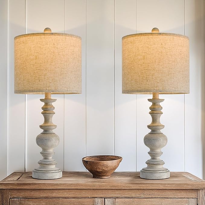 BOBOMOMO 24" Farmhouse Retro Table Lamp Set of 2, Traditional Resin Lamps for Living Room Bedroom, Vintage Bedroom Lamps with Linen Shades, Rustic Table Lamps for Living Room, Nursery, Office