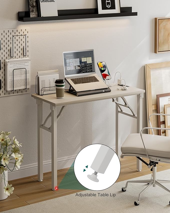 Frylr Small Folding Computer Desk – 35.8 Inch Portable Table for Craft and Study, Lightweight Desk for Small Spaces, Foldable Laptop Table Built-in AC/USB Outlets for Convenience, White Ash