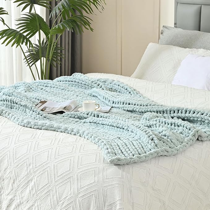 Esterra Chunky Knit Blanket Throw 50"x60", 100% Hand Knitted Chenille Throw Blanket, Cozy Soft Thick Cable Knit Throw Large Rope Knot Crochet Throw Blanket for Sofa Couch Bed, Sky Blue