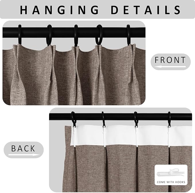 Macochico 100”Wx102”L 100% Blackout Pinch Pleated Linen Curtains for Sliding Door Bedroom Living Room Farmhouse Thermal Insulated Light Brown Burlap Drapes with Tieback 1 Panel Shabby Chic Style