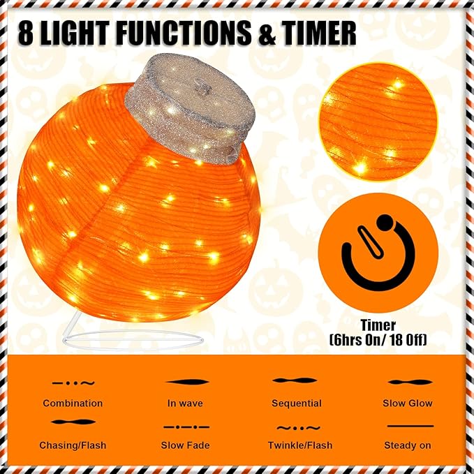 BRIGHTDECK Outdoor Halloween Ornaments, Lighted Pop-Up Outdoor Holiday Ball Decoration with 80 LED Lights, 8 Light Modes, Lighted Collapsible Holiday Decorations for Yard, Home(Orange)