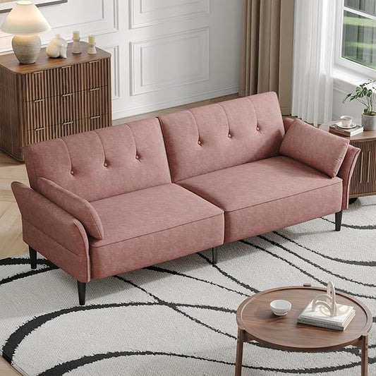89” Futon Sofa Bed, Velvet Fabric Futon Couch Bed with 2 Square Pillows, Convertible Sleeper Sofa with Adjustable Backrest& Armrests, Modern Loveseat Sleeper for Living Room, Bedroom, Pink