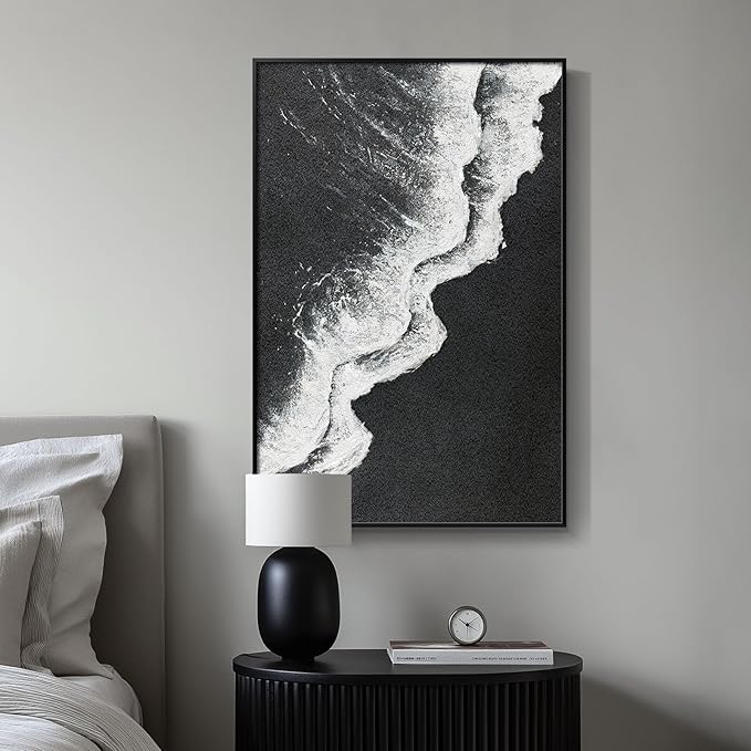 Framed Black and White Abstract Beach Canvas Wall Art, Modern Minimalist Art Prints Paintings Artwork for Walls, Ocean Wave Pictures for Living Room Dining Room Bedroom Bathroom Wall Decor 24x36 In