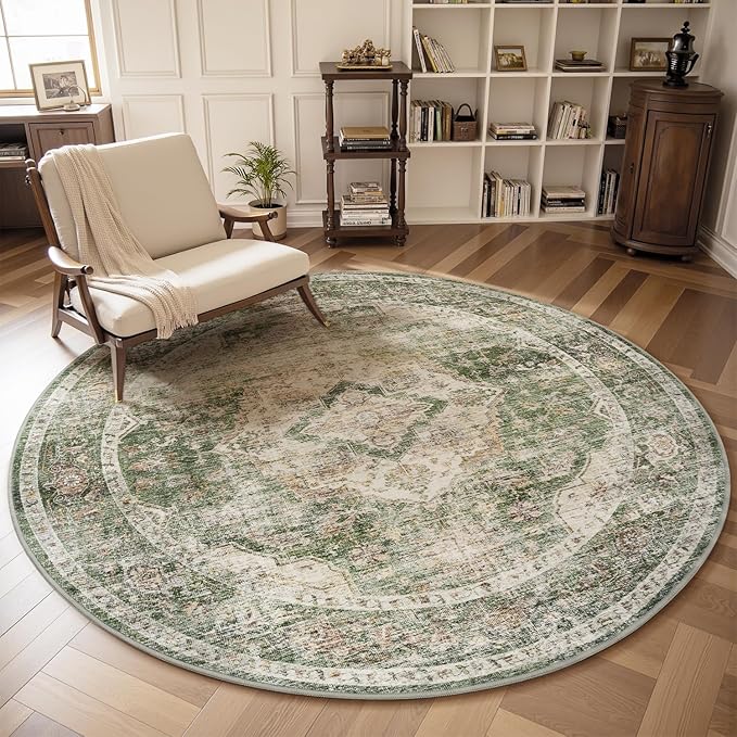 AMOAMI-6FT Round Rug-Rugs for Living Room-Vintage Soft Olive Green Rugs for Bedroom-Non Slip Circle Rug-Machine Washable Rug for Dining Room Living Room Bedroom Office Under Table