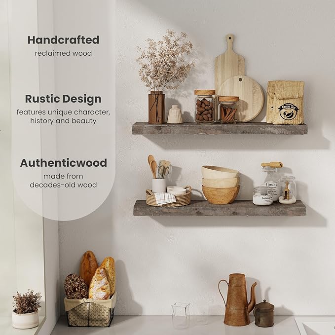 Floating Shelves, 8 Inch Deep Rustic Solid Reclaimed Wood Wall Shelves for Storage, Wall Mounted Display Shelving with Invisible Heavy-Duty Metal Bracket, 30 Inch Width Set of 2, Grey