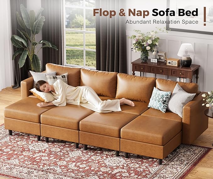 118.5" Faux Leather Modular Sectional Sofa, L Shaped Couch Set for Living Room, 5-Seater Comfy Cloud Couches with Movable Storage Ottoman,DIY Combination - Brown