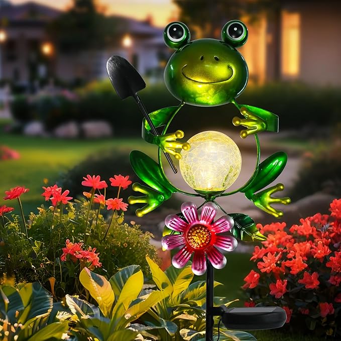 Afirst Solar Lights Outdoor Decorative Metal Frog Crackle Glass Globe Warm White LED Metal Waterproof Garden Stake Lights for Walkway Pathway Lawn Patio Yard Decorations