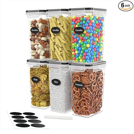 DWËLLZA KITCHEN Airtight Food Storage Container Set - 6 Pieces 2.0L - Plastic BPA Free Kitchen Pantry Storage Containers - Dishwasher Safe - Include 8 Labels and Marker - Keeps Food Fresh & Dry