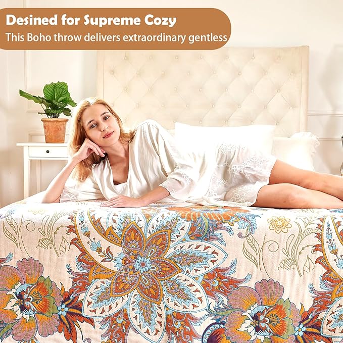 Boho Throw Blanket, 100% Organic Cotton Breathable Ultra Soft Bed Quilt Throw - All Season Floral Bird Butterfly Farmhouse Decor Blanket for Sofa Couch Chair and Gift. 50" x 60"