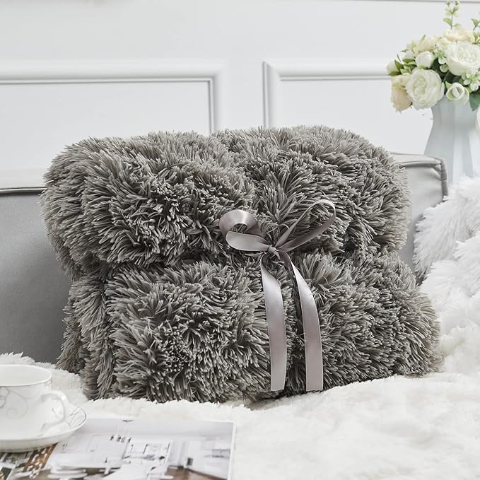 GONAAP Fuzzy Faux Fur Throw Blanket Queen Size Light Grey Super Soft Cozy Plush Fuzzy Shaggy Blanket for Couch Sofa Bed (Light Grey, Queen(90"x90"))