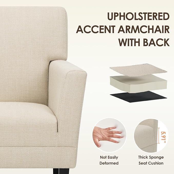 COLAMY Modern Accent Chair for Living Room, Upholstered Fabric Accent Armchair with Back, Soft Single Sofa Chair with Arms for Bedroom/Office/Reception Room, Oatmeal