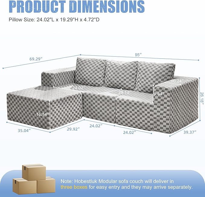 Hobestluk Modular Sectional Sofa Memory Foam Couch Oversized Sectional Sofa 3-Seater with Chaise Cloud Couch with Removable Cover L Shape Sofa for Living Room (Plush Grey, 3-Seater with Chaise)