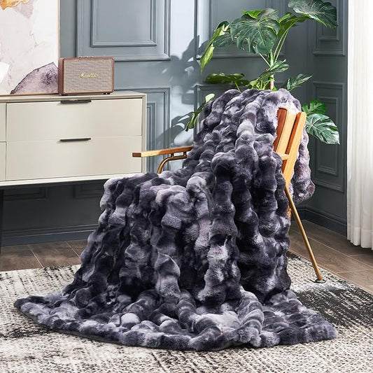 Cozy Bliss Faux Fur Throw Blanket for Couch, Fuzzy Soft Plush Thick Bubble Blanket for Sofa Bedroom Living Room,50 * 60 Inches Tie Dye Black
