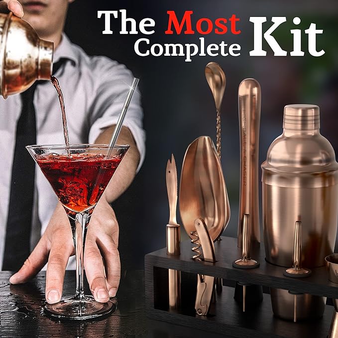 Highball & Chaser 13-Piece Cobbler Cocktail Shaker Set Matte Copper Stainless Steel Bartender Kit For Home Bar Cocktail Set Laser Engraved Cocktail Tools Plus E-Book with 30 Different Cocktail Recipes