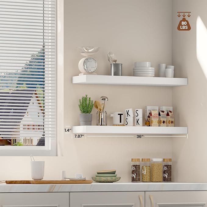 Floating Wood Shelves for Wall 36 Inches x 8”x 1.4” Shelf Floating Home Decor, Heavy Duty Shelf Hold 80 lbs, Wall Shelves for Bathroom Living Room Kitchen Bedroom Office - Set of 2 White