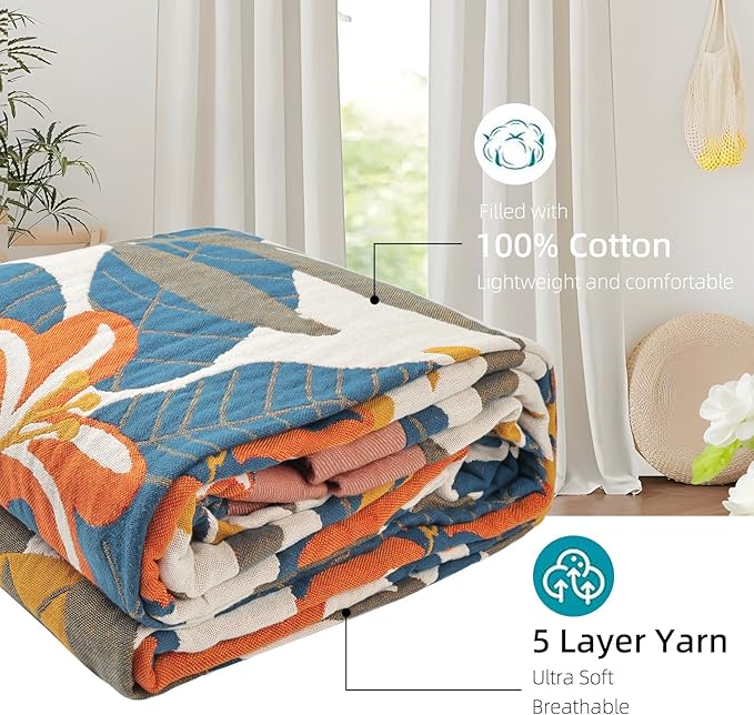 Boho Throw Blanket for Bed - 100% Pure Cotton Ultra Soft Rustic Quilt - Farmhouse Decor Bed Blankets, All Season Rustic Throw for Sofa Couch Chair(80''x 90'', Floral Sea)