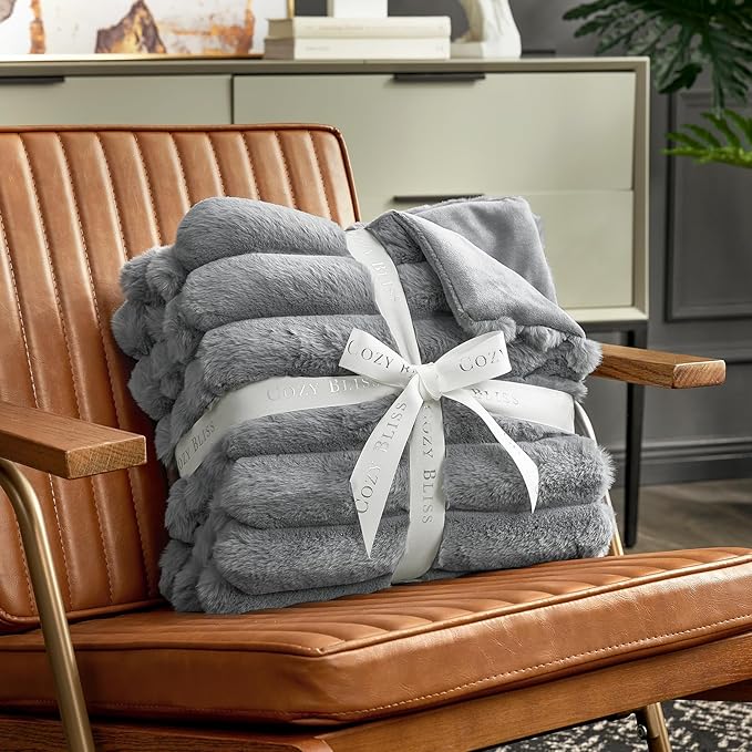 Cozy Bliss Faux Fur Throw Blanket for Couch, Cozy Warm Plush Striped Blanket for Sofa Bedroom Living Room,60 * 80 Inches Grey
