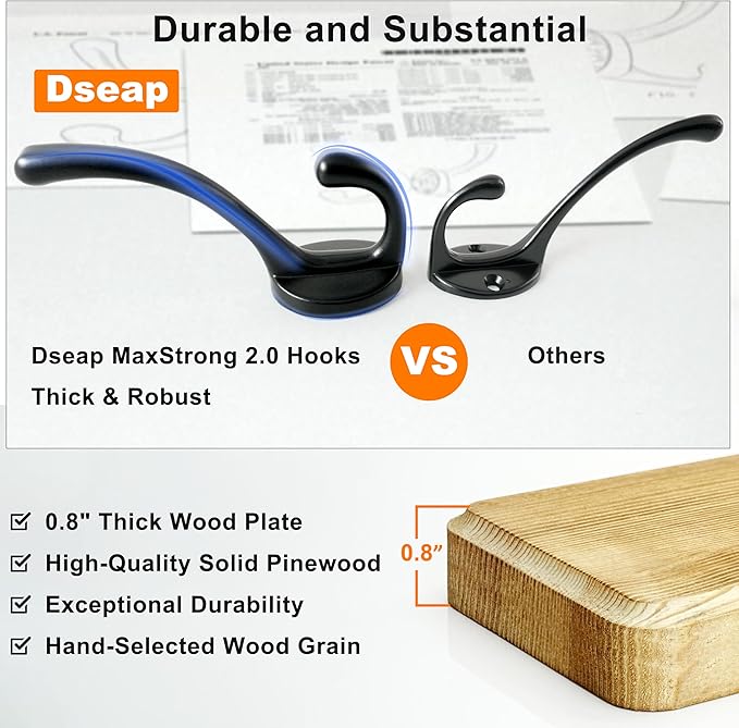 Dseap Coat Rack Wall: 24" Long, Patented, Heavy-Duty, 6-Double-Hooks Wooden Wall Mounted Coat Rack Coat Hanger Hook Rail for Winter Coats Hat Jacket Clothing, White & Black