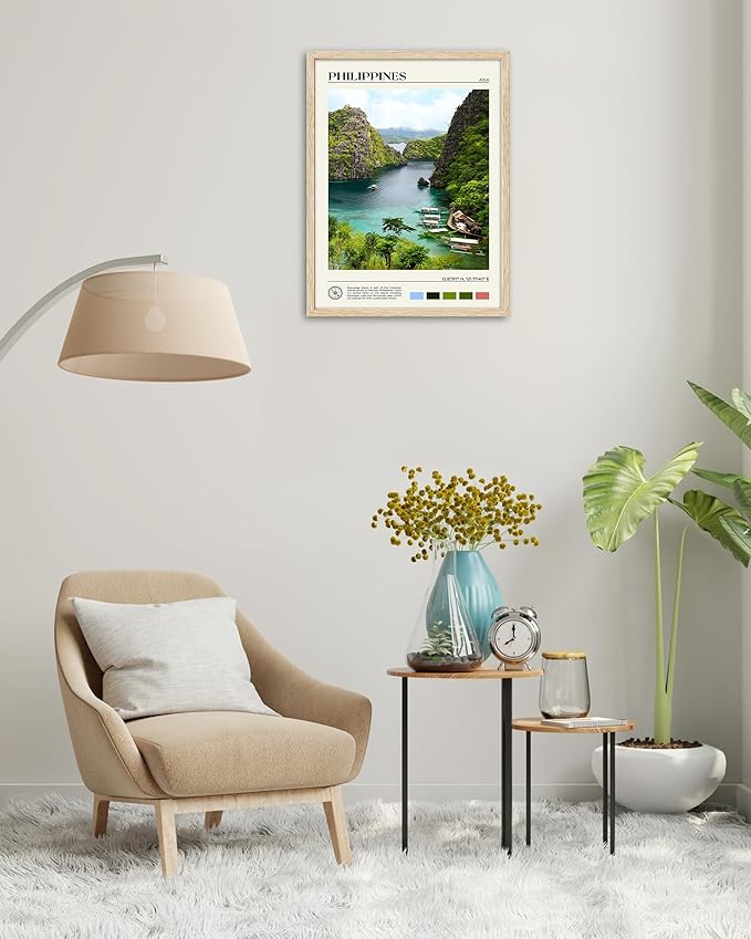 HesenDot Natural OAK Wood Framed Philippines Natural Scenery Wall Art,12x16in Busuanga Island Landscape Canvas Print,Urban Landmark Wall Decor for Living Room,Bedroom,Office Gallery,Set of 1