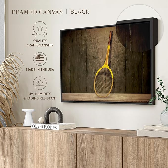 ElephantStock Vintage Tennis Racket Wall Art - Horizontal Framed Canvas - 1-Piece Living Room Wall Decor - Photography Sports Canvas Print - Brown and Black Decor for Wall - 43" X 29"