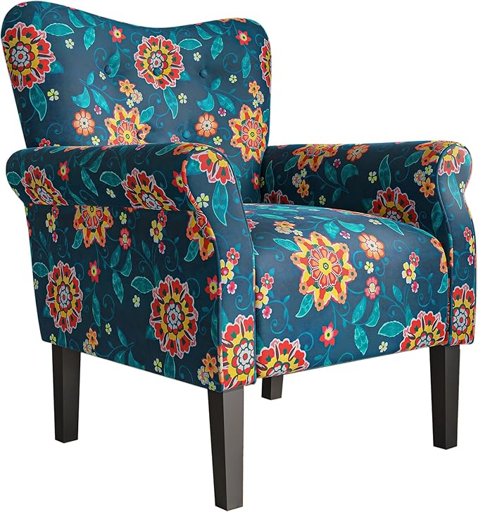 BELLEZE Modern Accent Chair for Living Room, High Back Linen Armchair with Wooden Legs, Upholstered Wingback Side Chair Padded Armrest Single Sofa for Living Room, Bedroom - Allston (Blue & Flower)