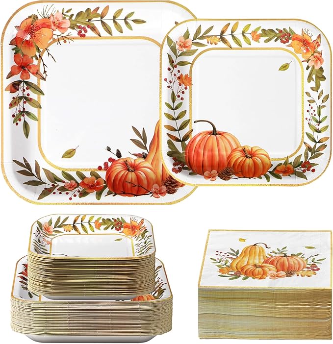 Grencian 200Pcs Fall Plates and Napkins Thanksgiving Plates Pumpkin Flower Wreath Plate Disposable Pumpkin Tableware Fall Party Supplies for Autumn Harvest Thanksgiving Party Decorations, Serves 50