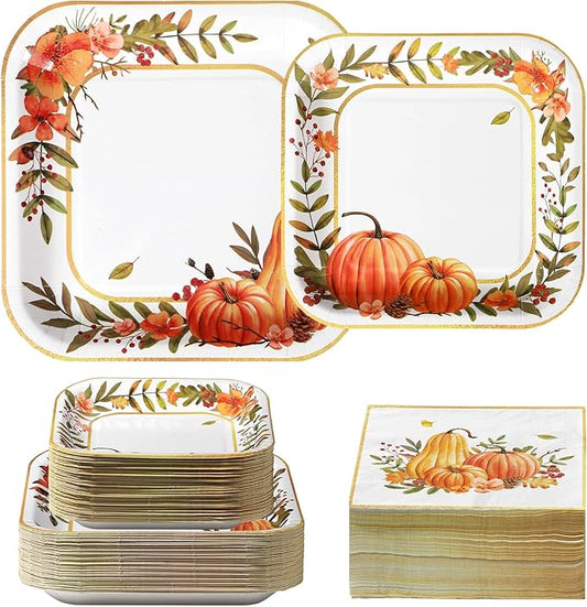 Grencian 200Pcs Fall Plates and Napkins Thanksgiving Plates Pumpkin Flower Wreath Plate Disposable Pumpkin Tableware Fall Party Supplies for Autumn Harvest Thanksgiving Party Decorations, Serves 50