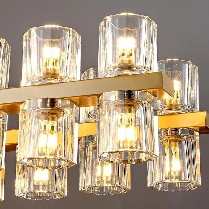 Crystal Brass Rectangle Chandeliers for Dining Room, 54in Gold Farmhouse Chandeliers for Dining Room, Modern Rectangle Crystal Chandelier for Kitchen Island Living Room, Includes 60XG4 Bulbs