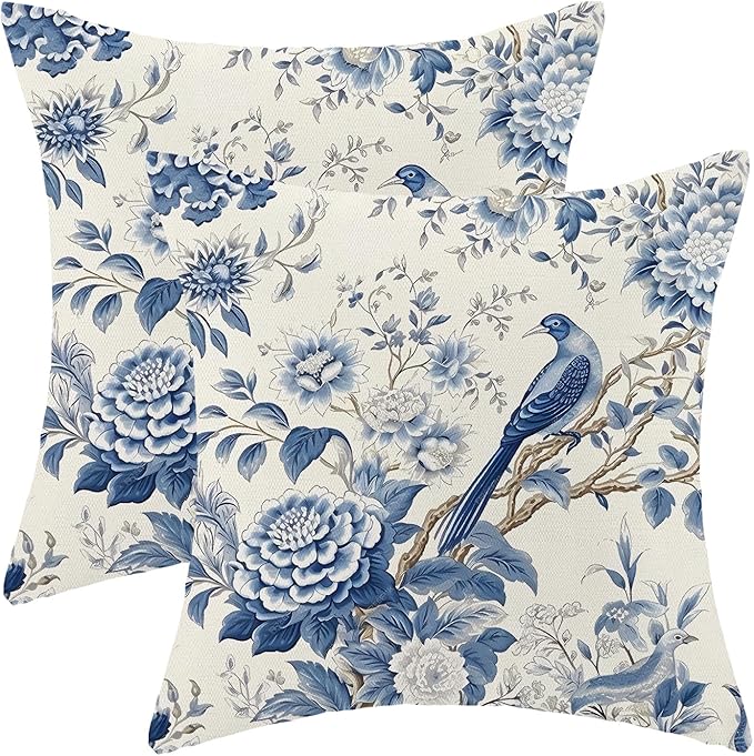 CXMEIFLY Spring Floral Pillow Covers 20 x 20 Inch Set of 2 for Chinoiserie Flowers Bird Decor Throw Pillows Vintage Blue and White Plant Outdoor Decorative Cushion Cases for Couch Bed Decorations
