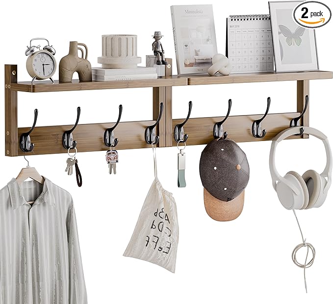 Coat Rack with Shelf Wall Mount, Entryway Bamboo Hanging Shelf, Set of 2, Wall Hook Rail for Hallway Décor, Storage Clothe, Hat, Robe, Key, Dog Leash (Walnut)