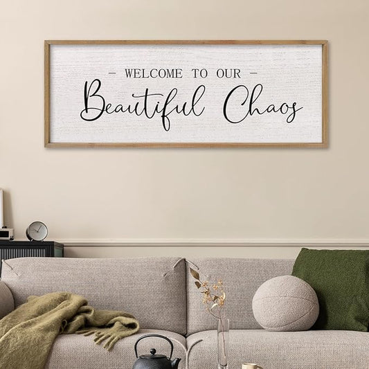 comurdyo Welcome To Our Beautiful Chaos Wall Decor Art 32"X12" for Home Entryway Sign Large Wood Framed Wall Hanging (Wood)