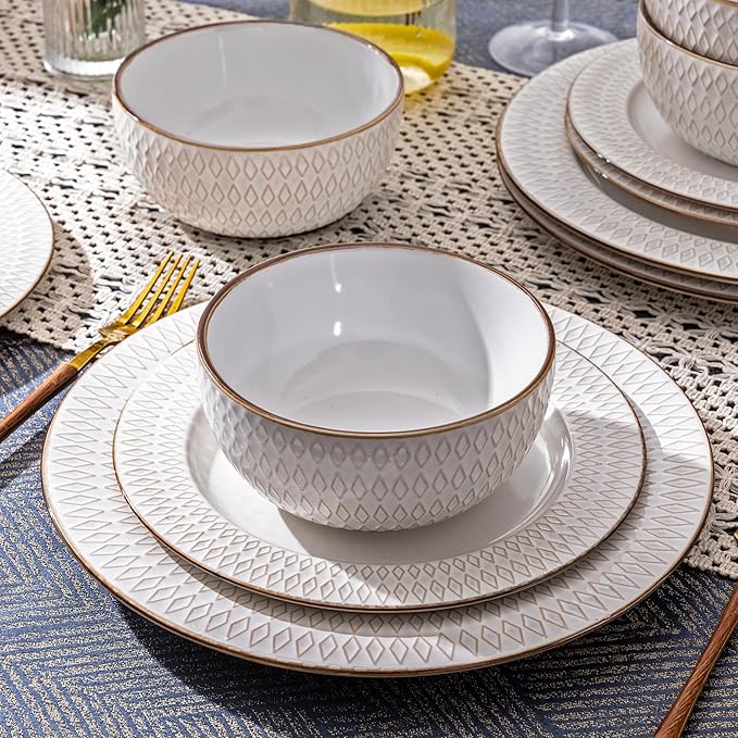 GBHOME Ceramic Dinnerware Sets,18 pcs Embossed Elegant Stoneware Plates and Bowls Sets, Housewarming Wedding Gift | Dishwasher & Microwave Safe | Dishes Set Service for 6