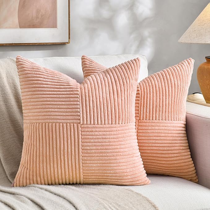 Fancy Homi 2 Packs Peach Decorative Throw Pillow Covers 20x20 Inch for Living Room Couch Bed Sofa, Rustic Farmhouse Boho Home Decor, Soft Corss Corduroy Patchwork Accent Square Cushion Case 50x50 cm