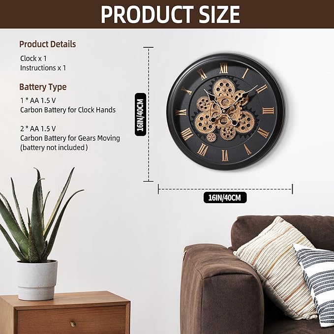 Maxstar Large Moving Gear Wall Clock,16" Vintage Mechanical Battery Operated Industrial Wall Clocks for Farmhouse Living Room,Home Office, Dinning Room, Kitchen, Steampunk Decor-Black,Roman Numeral