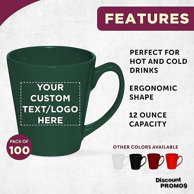 DISCOUNT PROMOS Custom Glossy Ceramic Latte Coffee Mug 12 oz. Set of 100, Personalized Bulk Pack - Perfect for Tea, Espresso, Cappuccino, Hot Cocoa - Green