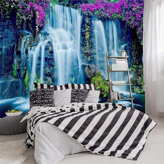 FENDROM Waterfall Tapestry Purple Forest Wild Flowers Floral Mountain Jungle Plants Nature Landscape Wall Hanging Bedroom Living Room Hanging Decorative Blanket