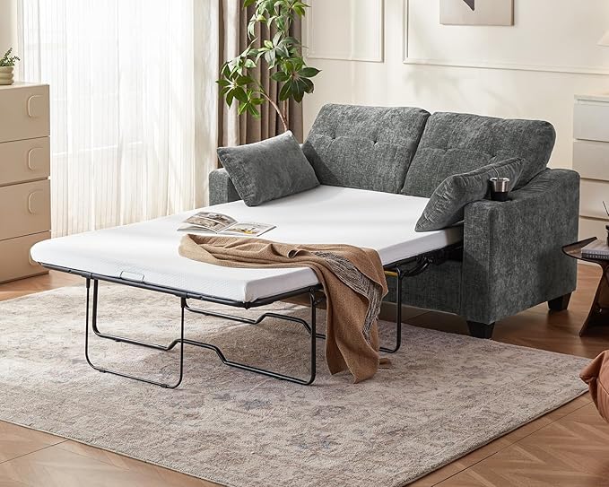 CHIC HOUSE Pull Out Sofa Bed, Full Size Sleeper Sofa, 2-in-1 Convertible Chenille Couch with USB Charging, Memory Form Couch for Living Room, Apartment & Small Space (Dark Grey, Chenille - Full)