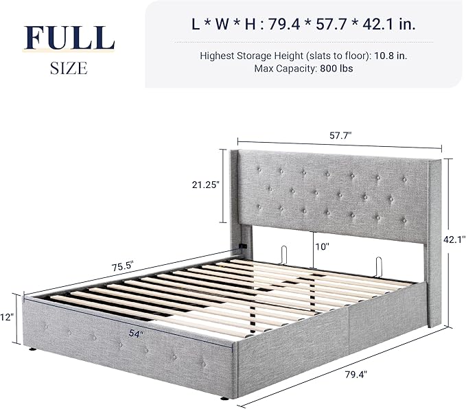 Allewie Full Size Lift Up Storage Bed, Button Tufted Headboard with Wingback, Hydraulic Support, No Box Spring Needed, Light Grey
