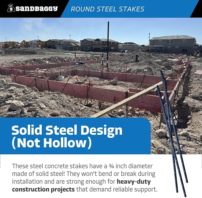 Sandbaggy Round Steel Concrete Form Stakes with Nail Holes - Rust Resistant Coating - Removable, Reusable (1000, 3/4 in X 36 in)