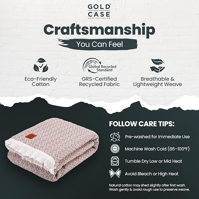 Gold Case Throw Blanket for Bed – 100% Recycled Turkish Cotton Bed Blanket – Decorative Throw Cotton Blankets for Living Room & Bedroom – Woven Twin Blankets - 71x90 - Beige