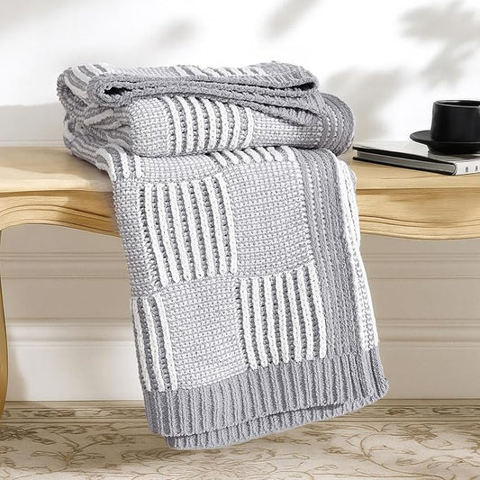 Amélie Home Chenille Knit Throw Blanket for Couch, Checkered Texture Decorative Soft Blanket for Sofa, Bed & Living Room, 50"x60", Grey & White