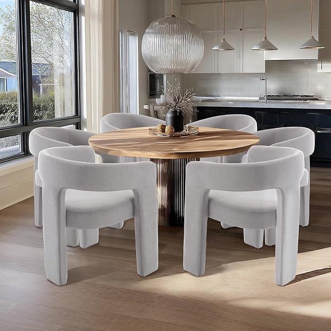 Grey Chenille Dining Chairs Set of 2, Modern Barrel Dining Room Chairs Upholstered Faux Fur Accent Chair with Arms and Round Back for Living Room Kitchen Armchair No Assembly Needed